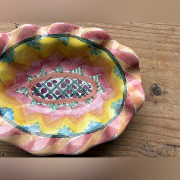MacKenzie-Childs Pink and Yellow Ruffled Ceramic Trinket Dish - Picture 3 of 14